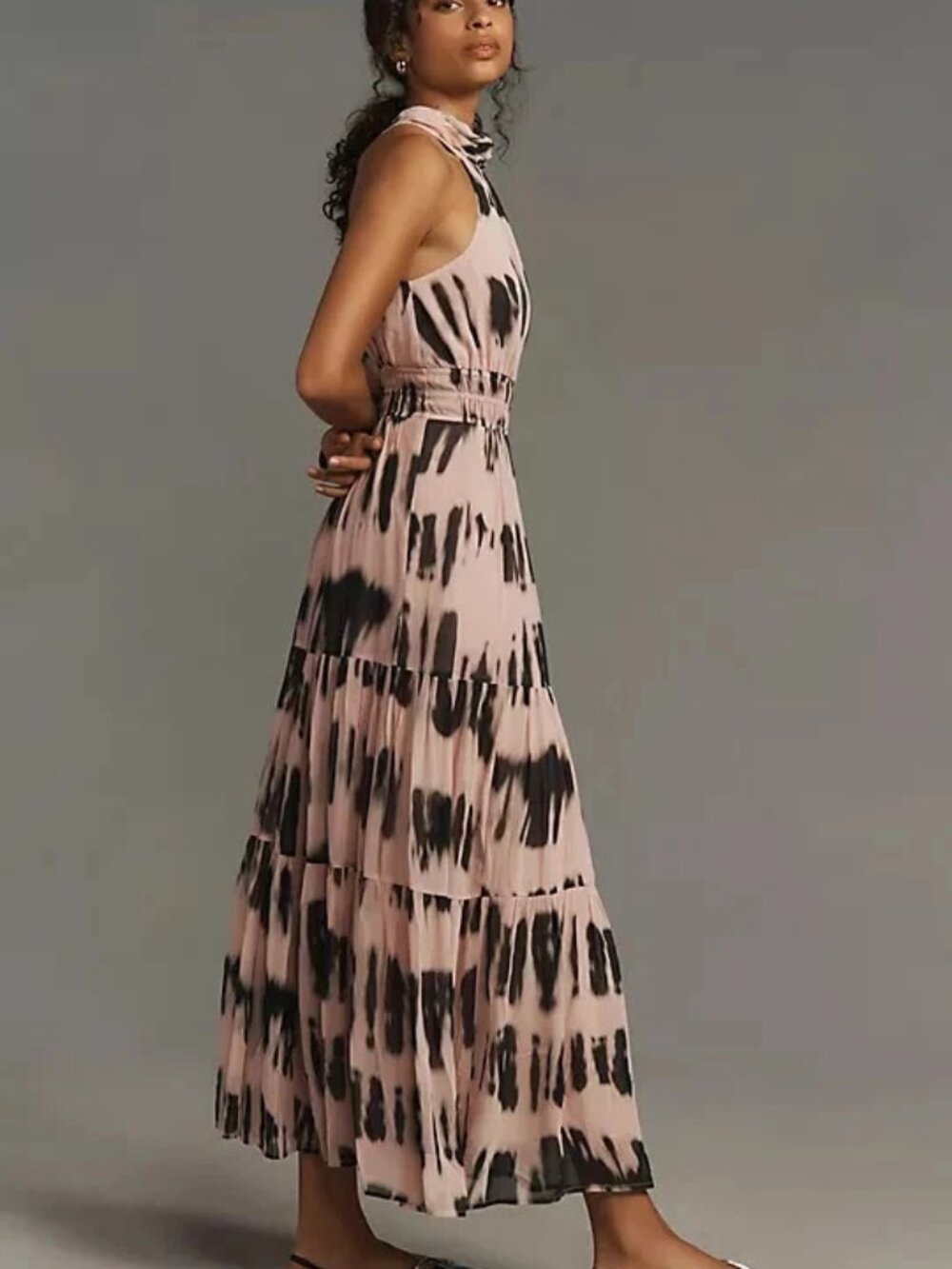 NWT ANTHROPOLOGIE Somerset Maxi Halter Edition Ruffle Chiffon Neutral Motif‎ LRG - Picture 3 of 7